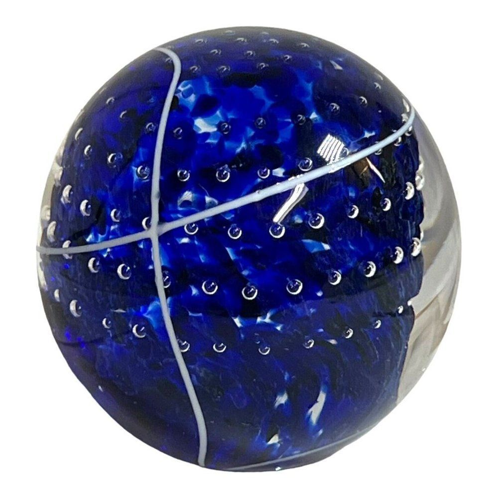 Bullicante Hand Blown Cobalt Blue Clear Glass Paper Weight Polished Base Vintage